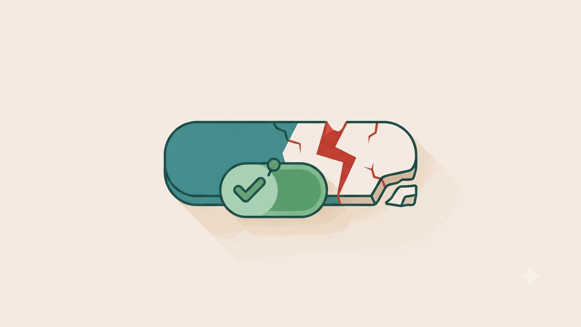 A rounded status bar: the left half is a calm teal on-track block with a small green tick badge pinned to it, while the right half has cracked apart along a jagged red fault line, the confident label oblivious to the break.