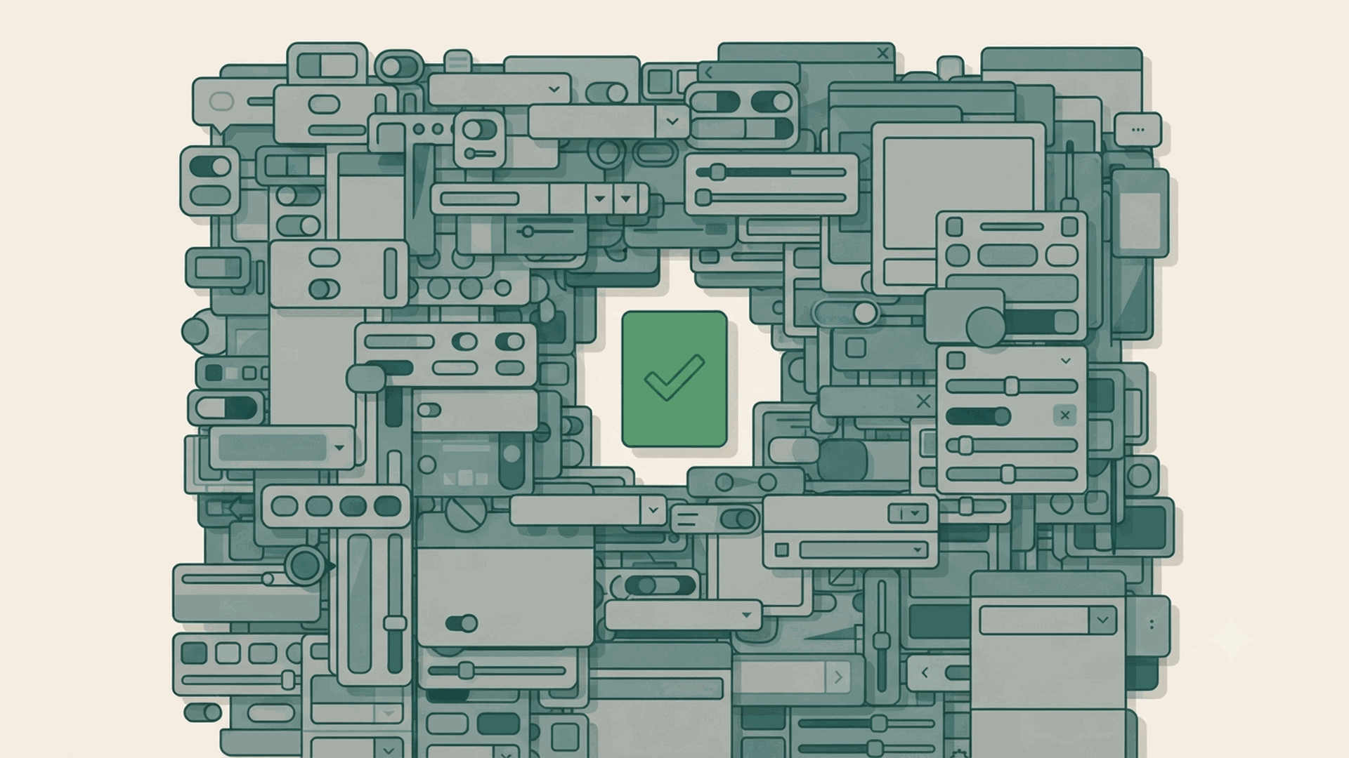 SRP cover: a dense, chaotic wall of muted interface controls filling the frame, with a single small green card and checkmark in a clear gap in the middle, the one answer surrounded by clutter.
