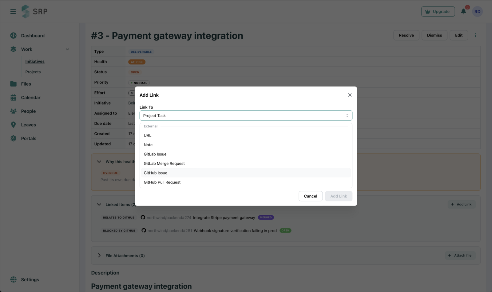 SRP's Add Link modal listing GitHub Issue and GitHub Pull Request as external reference types
