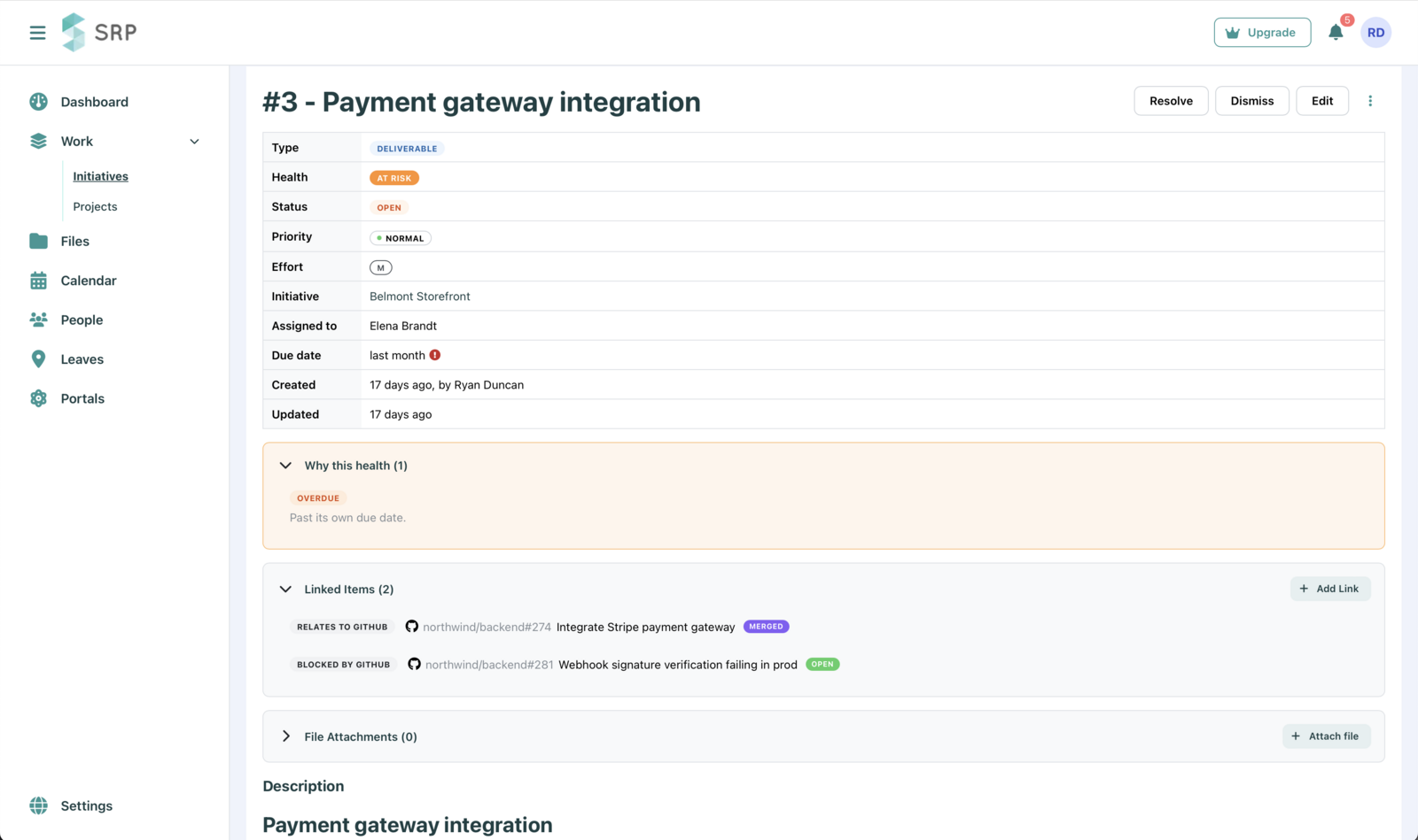 An SRP work item showing linked GitHub items, one merged and one blocking, with the health panel explaining why the item is at risk