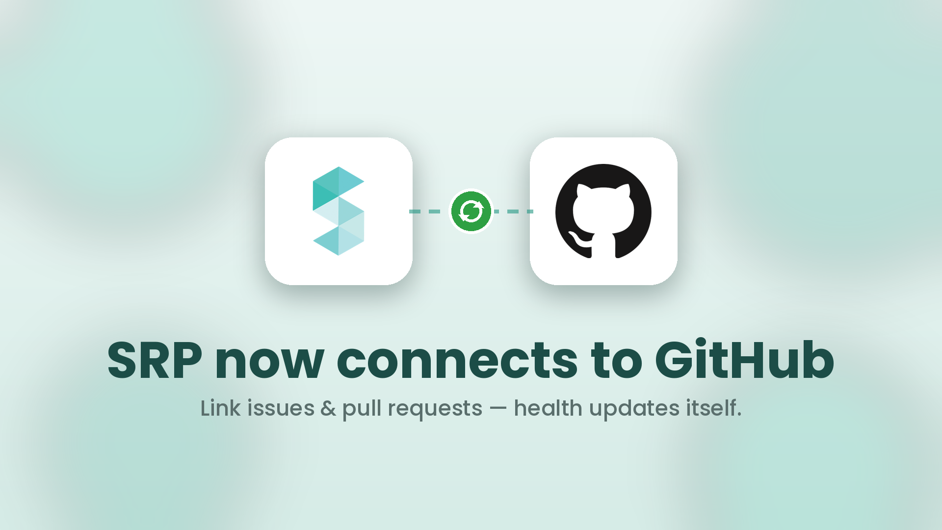 SRP and GitHub logos joined by a sync badge, with the headline "SRP now connects to GitHub"