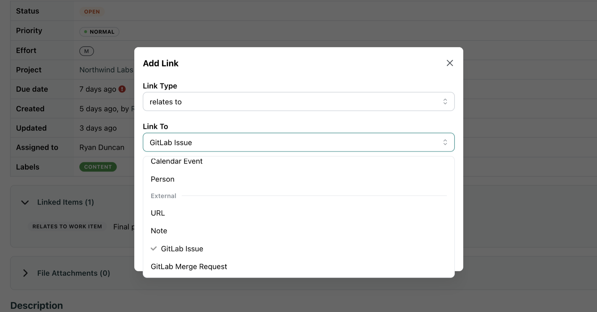 SRP's Add Link modal showing GitLab Issue and GitLab Merge Request as external reference types