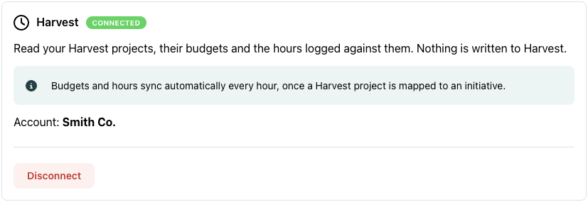 The Harvest card in SRP settings marked Connected, with the note that budgets and hours sync every hour once a Harvest project is mapped to an initiative