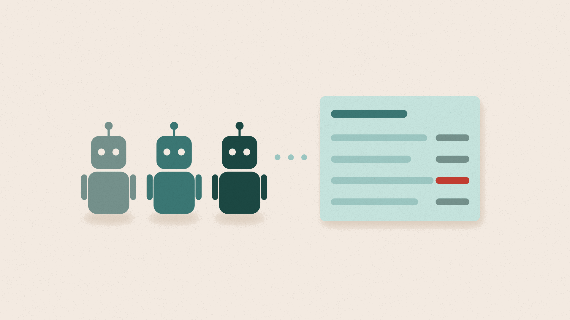 Three flat teal robots facing a rounded panel of work rows, one row carrying a small red marker