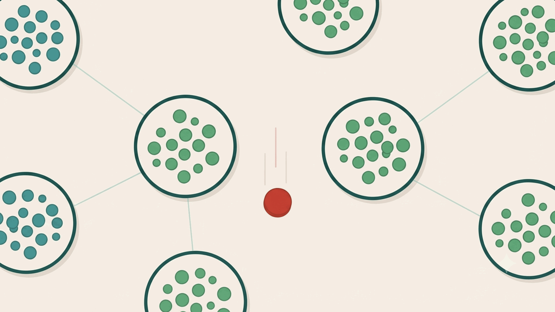 SRP cover: several separate teams shown as circles of dots connected by thin lines, with a red token slipping through the gap between two of them, unwatched.