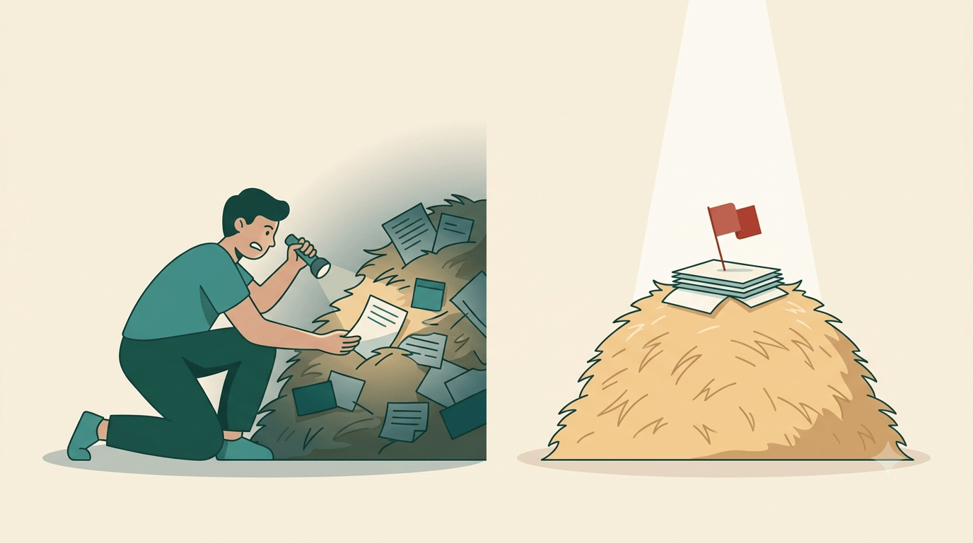 A split illustration: on the left, in shadow, a person digs through a haystack of scattered papers with a flashlight, hunting; on the right, a spotlight shines down on a neat stack of pages topped with a red flag, already surfaced