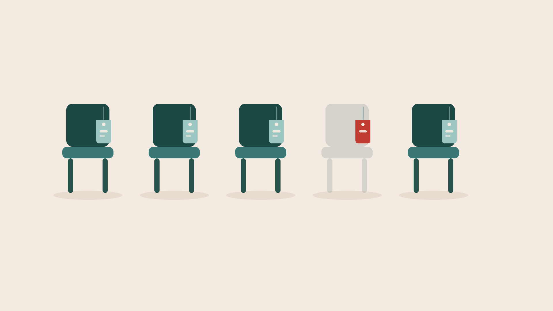 Five chairs in a row on a cream background, each with a small price tag hanging from the backrest. The fourth chair is a faded grey ghost, and its tag is the only red one.