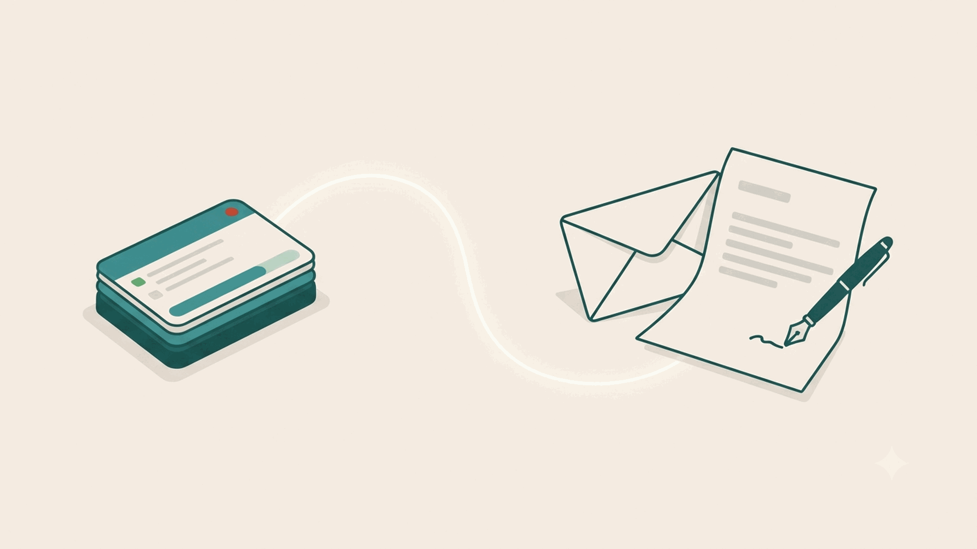 SRP cover: a project shown as a small stack of task cards on the left, a glowing line flowing to a letter and envelope on the right that a pen is writing on its own, with no hand.