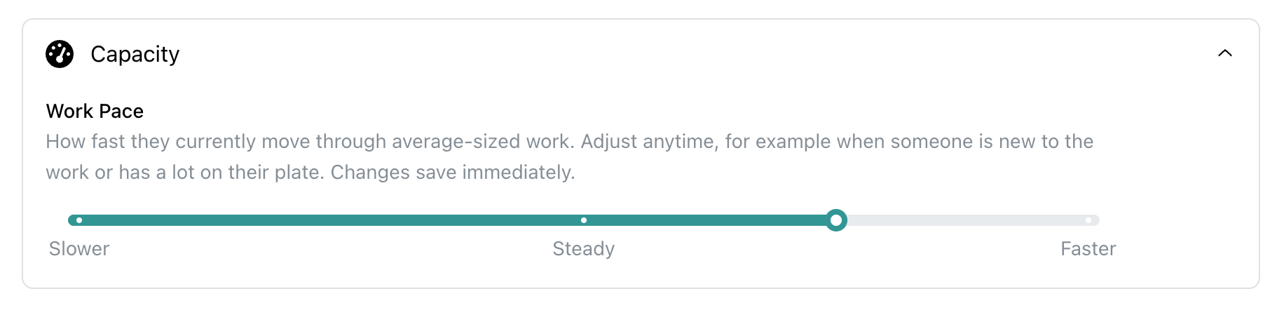 The Work Pace slider on an employee's profile, five notches from Slower to Faster