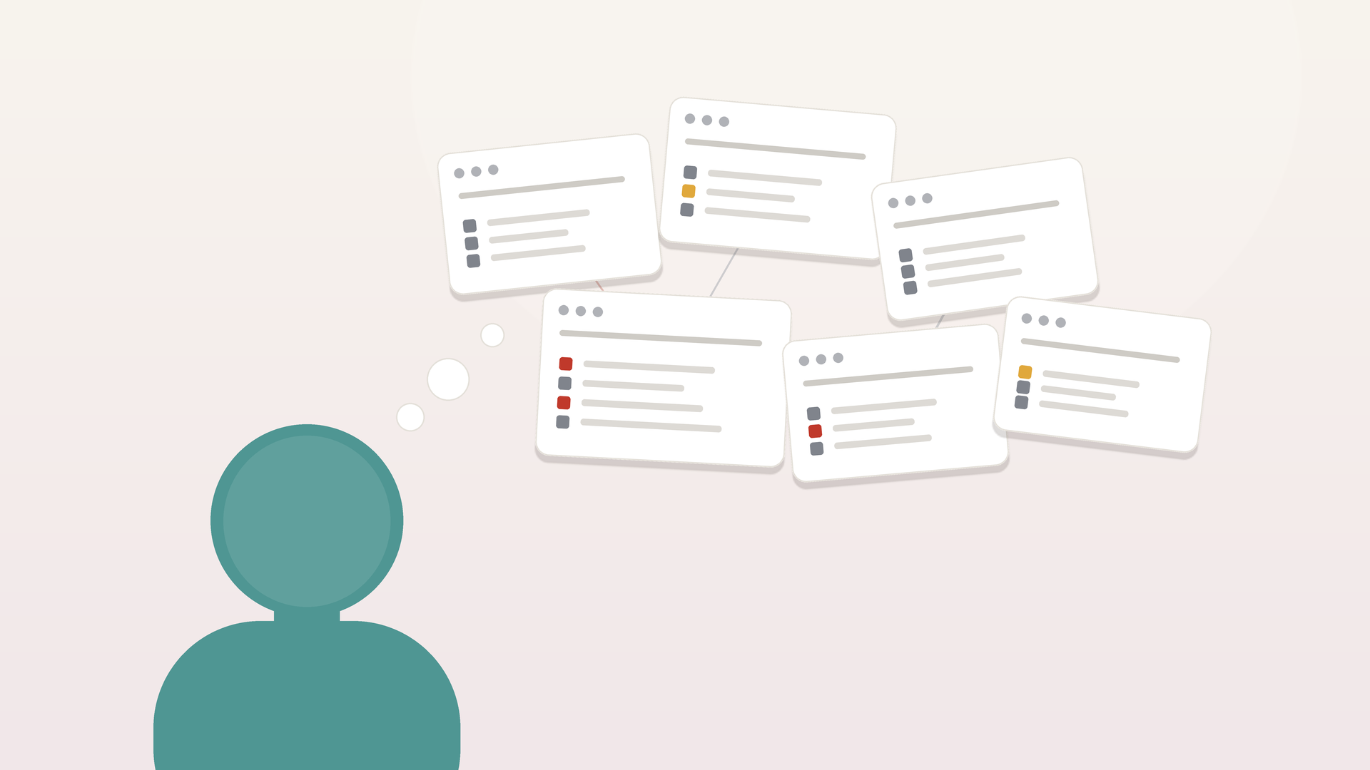 A single person with a thought bubble rising into a scattered cluster of project boards, several flagged with red and amber at-risk markers
