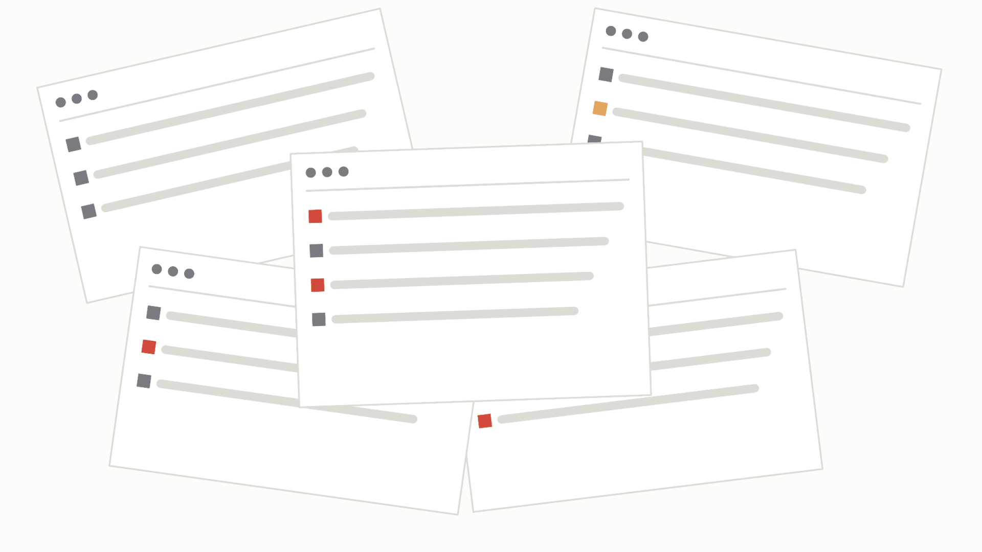 A scattered pile of overlapping project boards, the one in front flagged with red at-risk markers