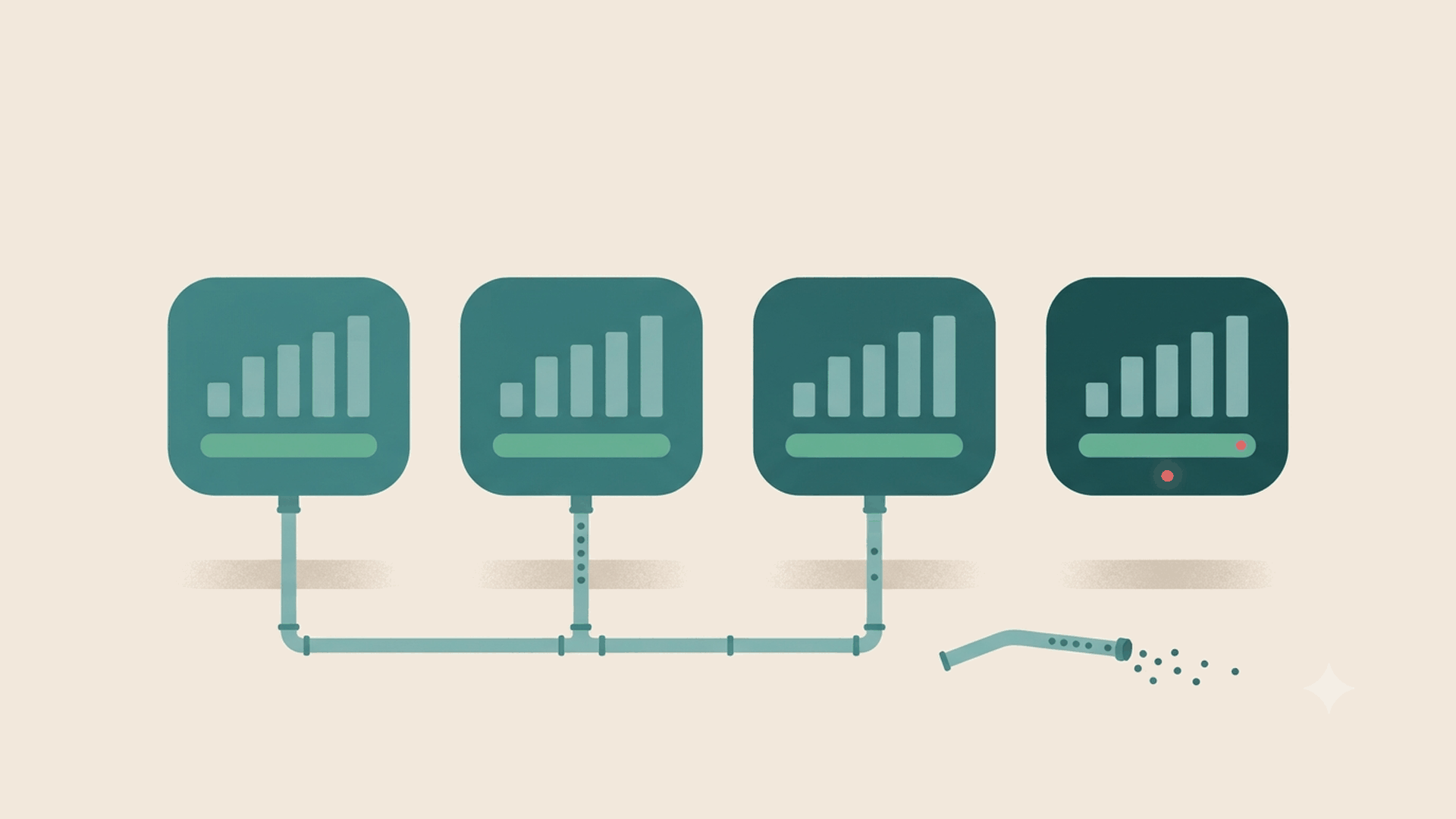 Four teal dashboard panels in a row, each showing a rising bar chart and a full green status bar. Three are plumbed into a supply line running beneath them. The fourth has no feed at all; the length of pipe that should serve it lies on the ground beside it, spilling data out of its open end, and yet that panel still reads as healthy apart from one small red dot.